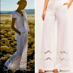 Anthropologie Elevenses white linen crochet cut out wide leg pants SZ 4